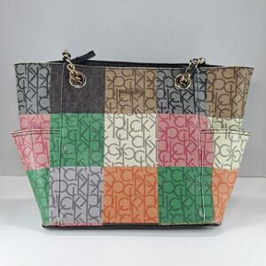 Calvin Klein Hayden Saffiano Leather Plaid Monogram Top Zip Chain Tote Purse Bag